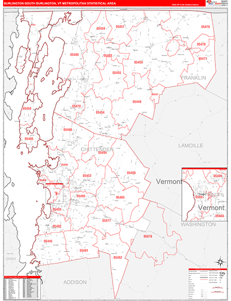 Burlington-South Burlington Metro Area Wall Map Red Line Style